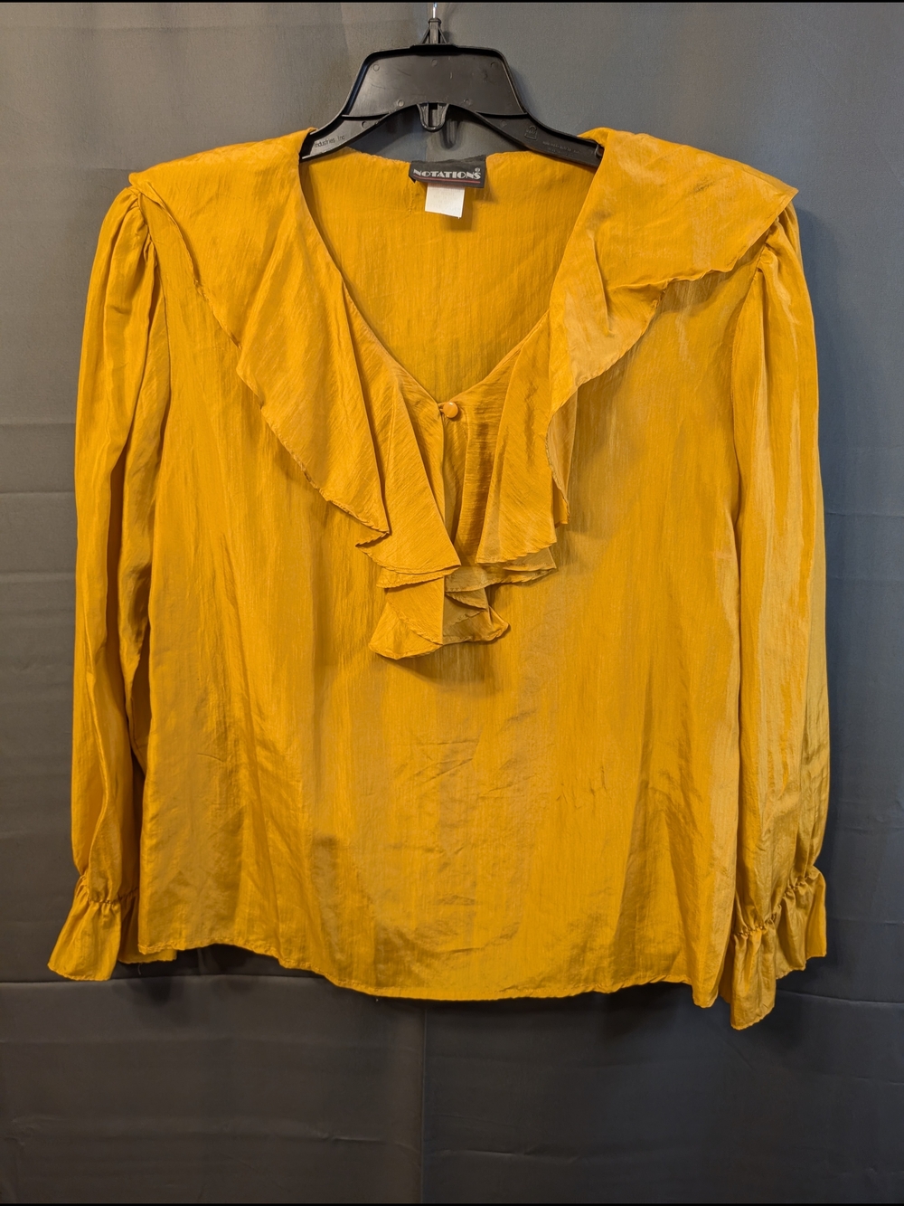 VTG Notations 100% Silk Mustard Yellow Ruffle V-Neck Blouse EUC M